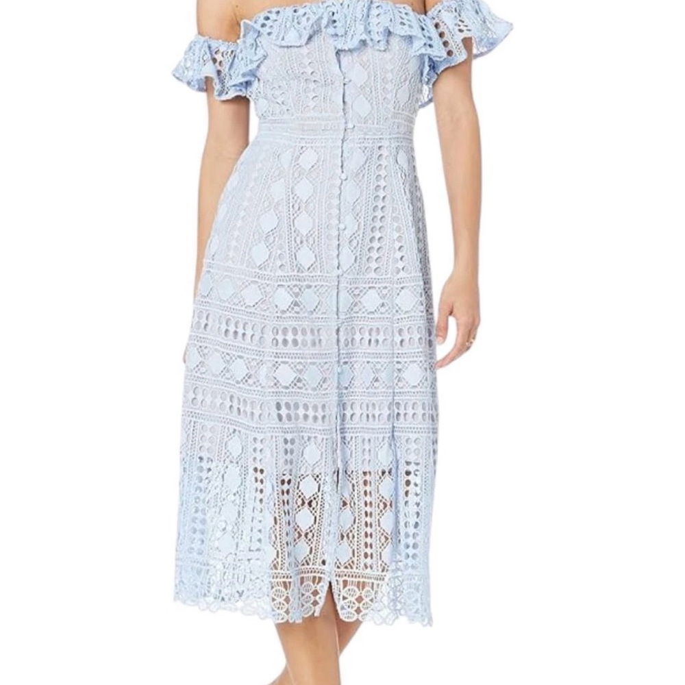 NWT En Saison Light Blue Off-Shoulder Crochet Midi Dress